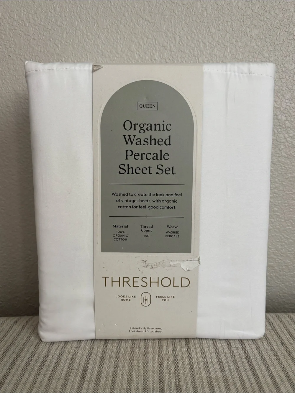 NWT Queen 250 Thread Count Organic Percale Sheet Set True White - Threshold